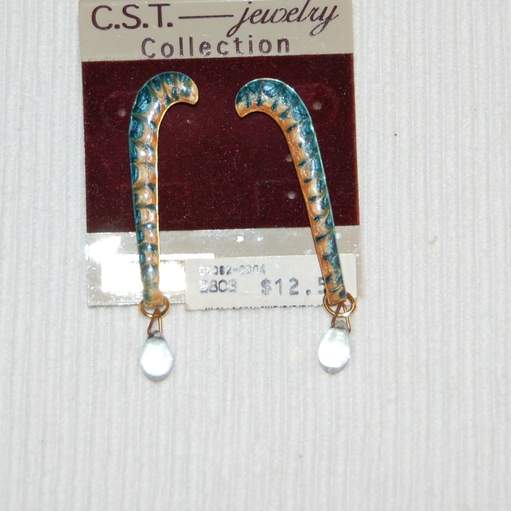 CST Jewelry Collection Hand Painted Blue/Beige Enamel Post Earrings 2 1/2 " Long